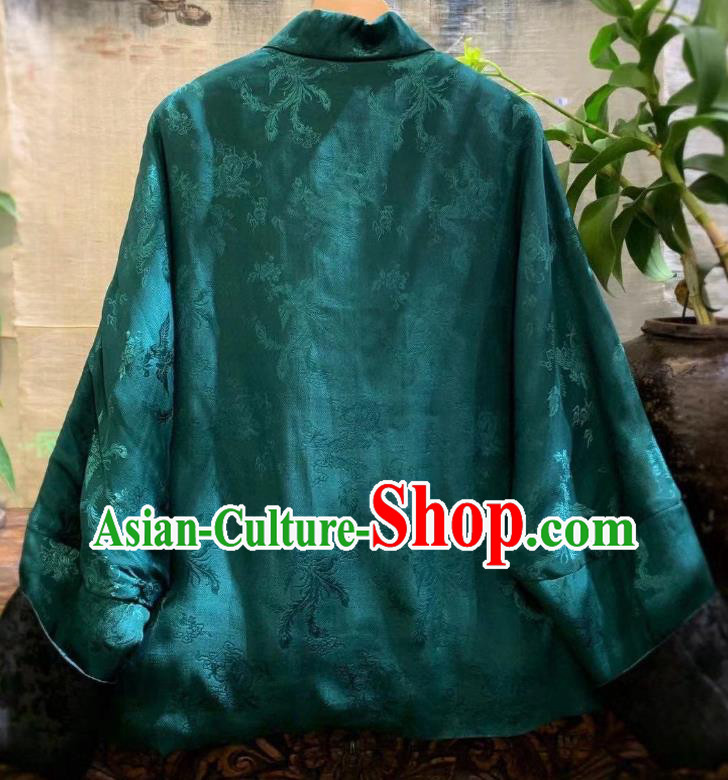 China Traditional Green Silk Jacket National Outer Garment Tang Suit Cotton Padded Coat