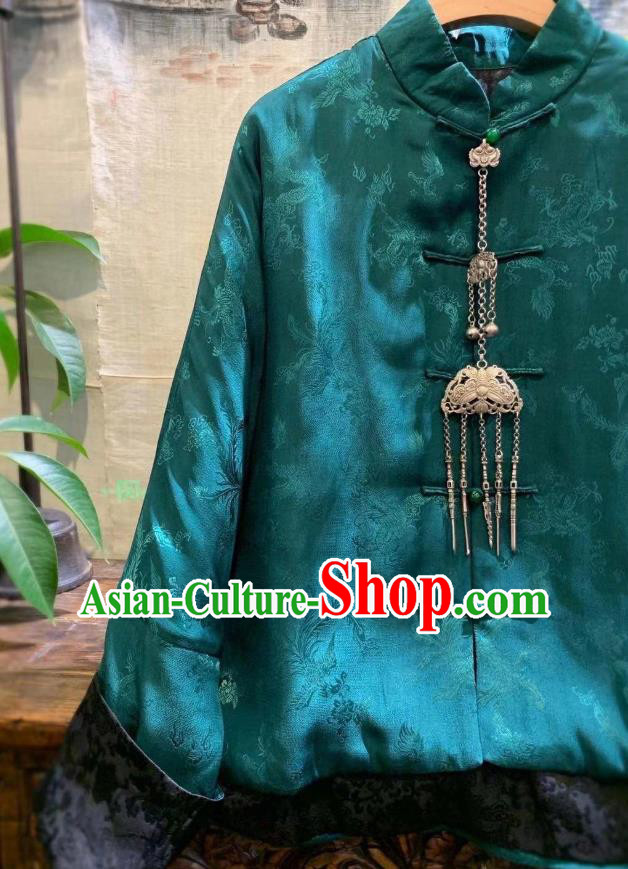 China Traditional Green Silk Jacket National Outer Garment Tang Suit Cotton Padded Coat