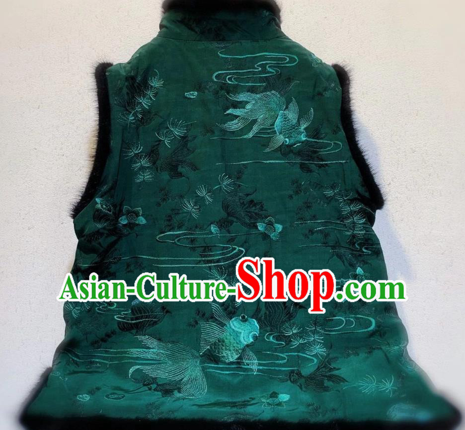 China Tang Suit Green Silk Waistcoat National Female Clothing Embroidered Goldfish Cotton Wadded Vest