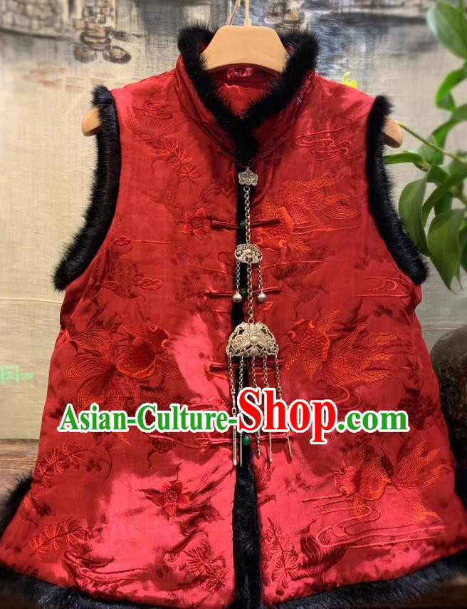 China Embroidered Goldfish Cotton Wadded Vest Tang Suit Red Silk Waistcoat National Female Clothing