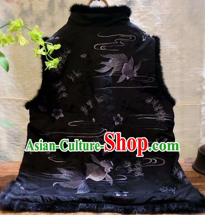 China National Clothing Embroidered Goldfish Winter Vest Tang Suit Black Silk Waistcoat