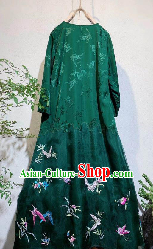 Chinese National Green Silk Cheongsam Clothing Traditional Embroidered Butterfly Long Qipao Dress