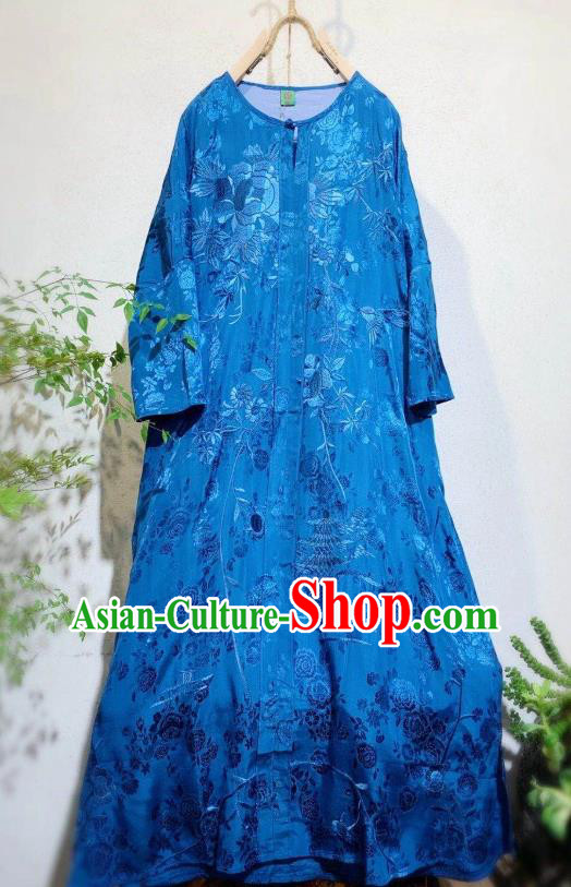 Traditional Chinese Royalblue Silk Cheongsam National Clothing Embroidered Long Qipao Dress