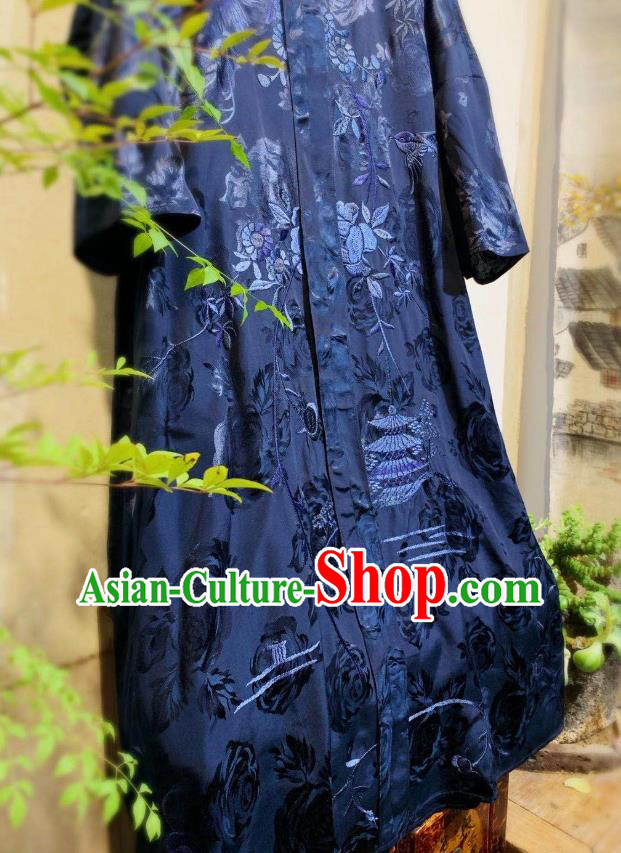 Chinese Embroidered Long Qipao Dress Traditional Navy Blue Silk Cheongsam National Clothing