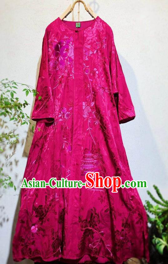 Chinese Traditional Rosy Silk Cheongsam National Clothing Embroidered Long Qipao Dress