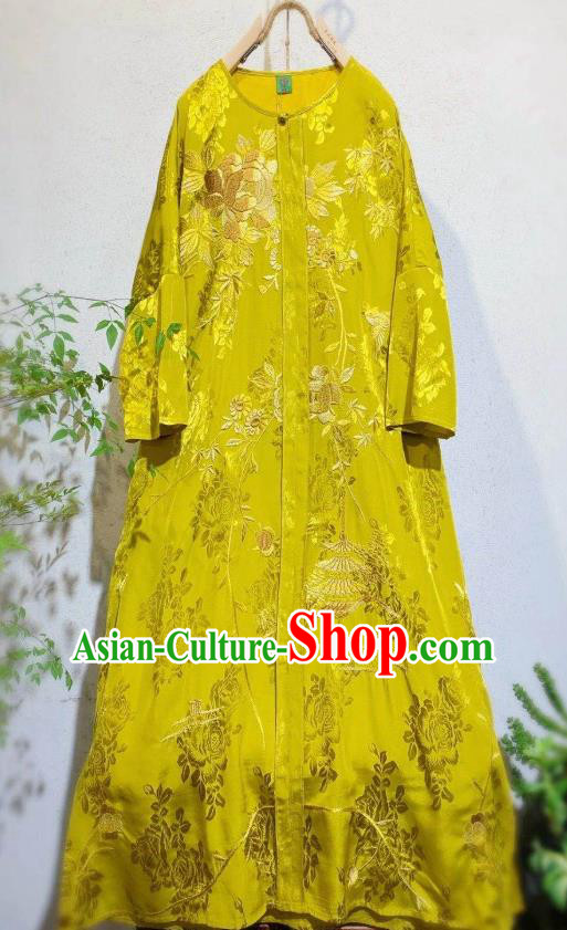 Chinese Embroidered Long Qipao Dress Traditional Yellow Silk Cheongsam National Clothing