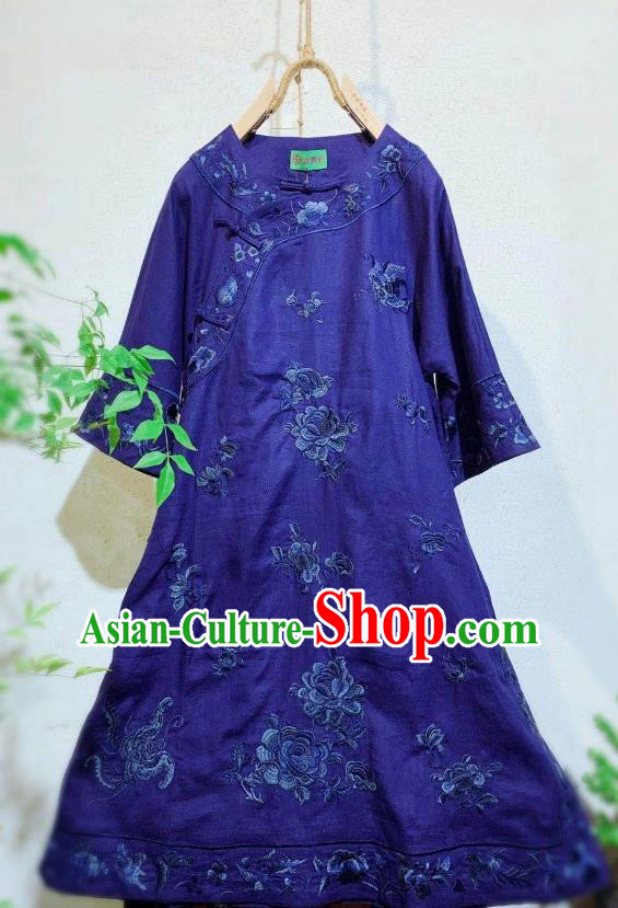 Chinese Traditional Round Collar Cheongsam National Clothing Embroidered Deep Blue Flax Qipao Dress