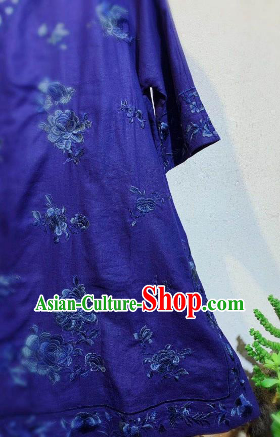 Chinese Traditional Round Collar Cheongsam National Clothing Embroidered Deep Blue Flax Qipao Dress