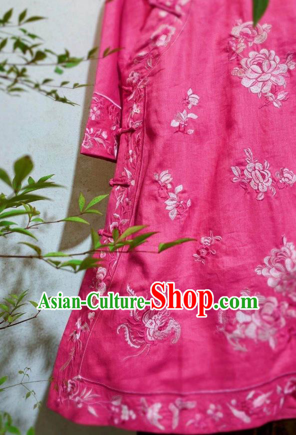 Chinese Embroidered Pink Flax Qipao Dress Traditional Round Collar Cheongsam National Clothing