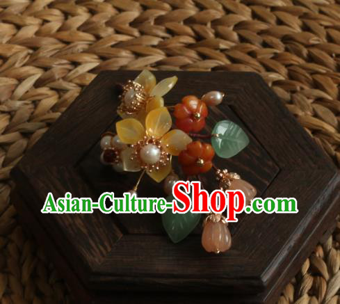 Chinese Handmade Pearls Agate Hairpin Traditional Hanfu Hair Accessories Ancient Princess Flowers Hair Stick