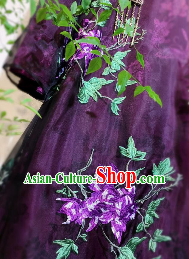 Chinese National Clothing Deep Purple Silk Qipao Dress Traditional Embroidered Cheongsam