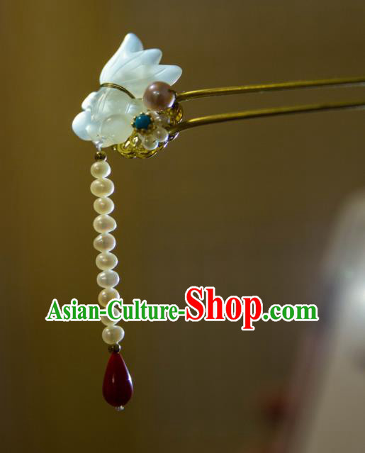 Chinese Ancient Princess Jade Goldfish Hair Stick Handmade Pearls Tassel Hairpin Traditional Hanfu Hair Accessories