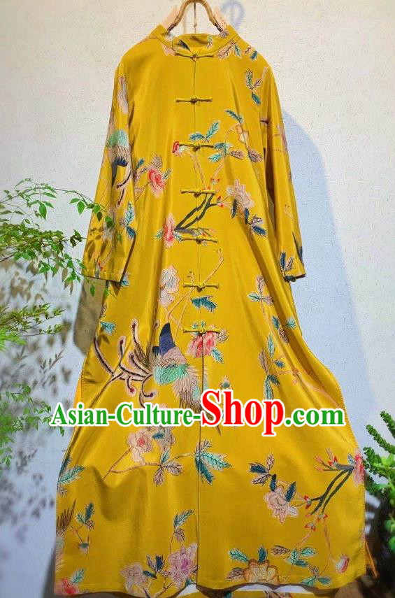 Chinese National Clothing Printing Phoenix Peony Qipao Dress Traditional Yellow Cheongsam