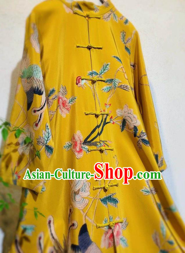 Chinese National Clothing Printing Phoenix Peony Qipao Dress Traditional Yellow Cheongsam