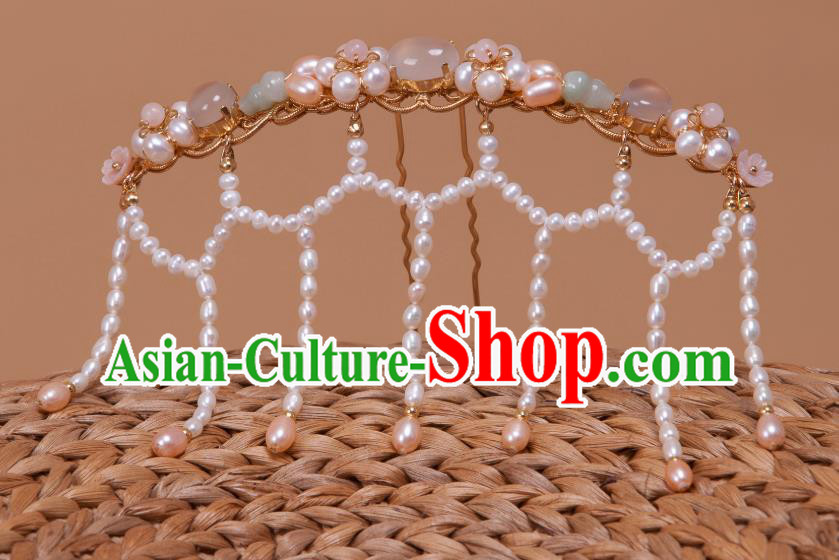 Chinese Handmade Golden Hairpin Traditional Tang Dynasty Empress Pearls Tassel Hair Comb