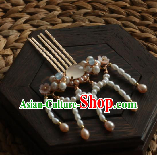 Chinese Handmade Chalcedony Hairpin Traditional Ming Dynasty Princess Pearls Tassel Hair Comb
