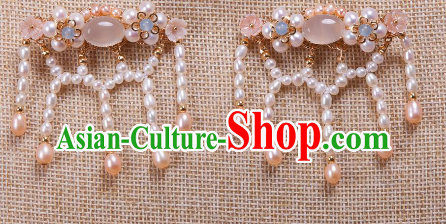Chinese Handmade Chalcedony Hairpin Traditional Ming Dynasty Princess Pearls Tassel Hair Comb