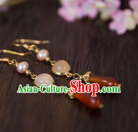 China Traditional Hanfu Agate Earrings Ancient Ming Dynasty Princess Pearl Ear Jewelry