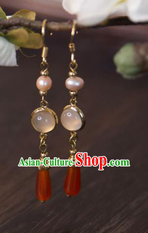 China Traditional Hanfu Agate Earrings Ancient Ming Dynasty Princess Pearl Ear Jewelry