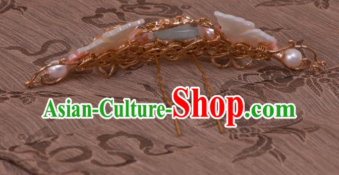 Chinese Handmade Pearls Hairpin Traditional Ming Dynasty Princess Shell Butterfly Hair Crown