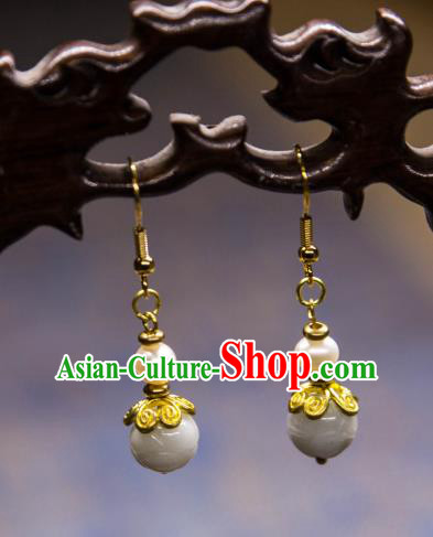 China Traditional Jade Carving Lotus Earrings Ancient Ming Dynasty Pearl Golden Ear Jewelry