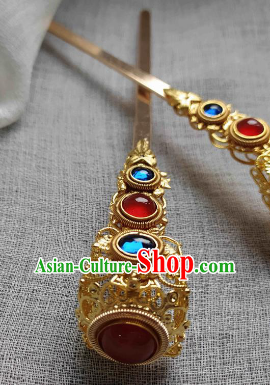 Chinese Handmade Ancient Gems Hairpin Traditional Ming Dynasty Empress Golden Hair Stick