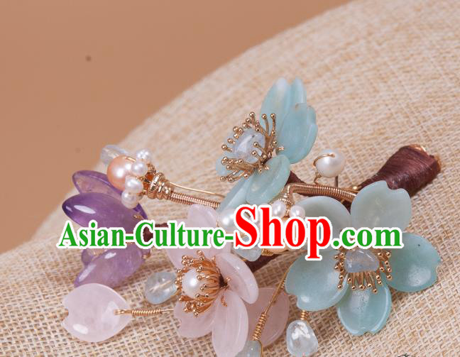 Chinese Handmade Flowers Hair Stick Traditional Ming Dynasty Hanfu Hair Accessories Ancient Princess Pearls Hairpin
