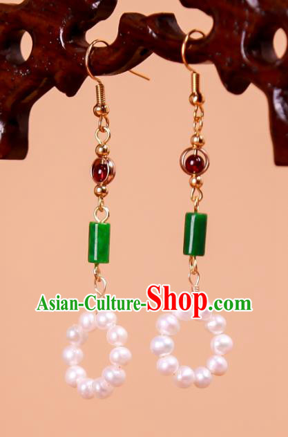 China Traditional Cheongsam Pearls Earrings Ancient Princess Jade Ear Jewelry