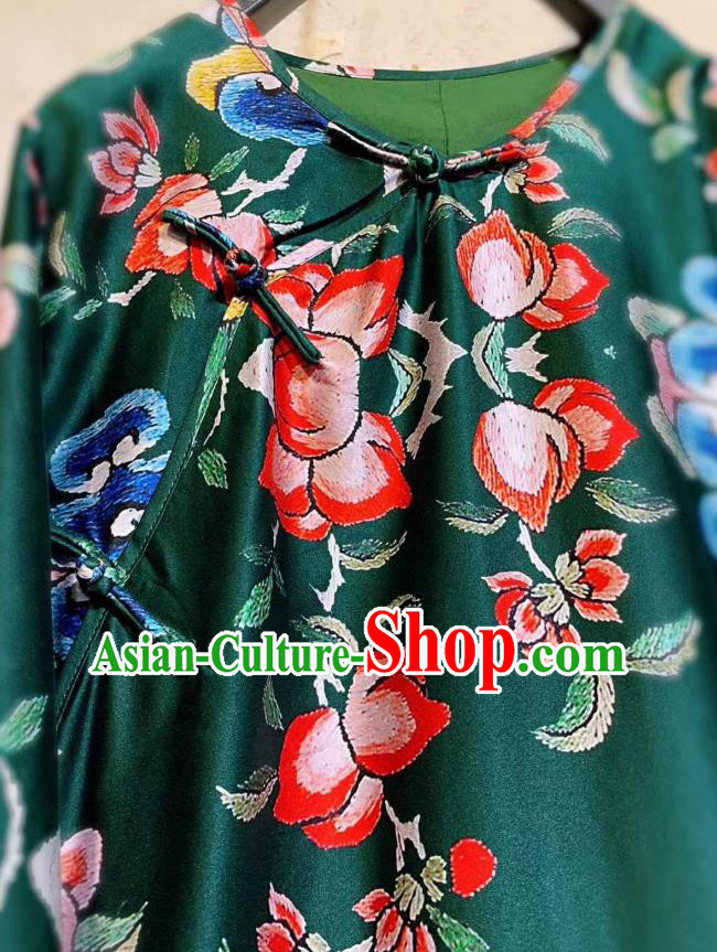 Chinese National Atrovirens Silk Qipao Dress Traditional Embroidered Butterfly Cheongsam Clothing