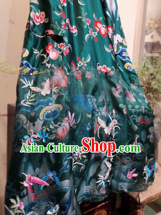 Chinese National Atrovirens Silk Qipao Dress Traditional Embroidered Butterfly Cheongsam Clothing