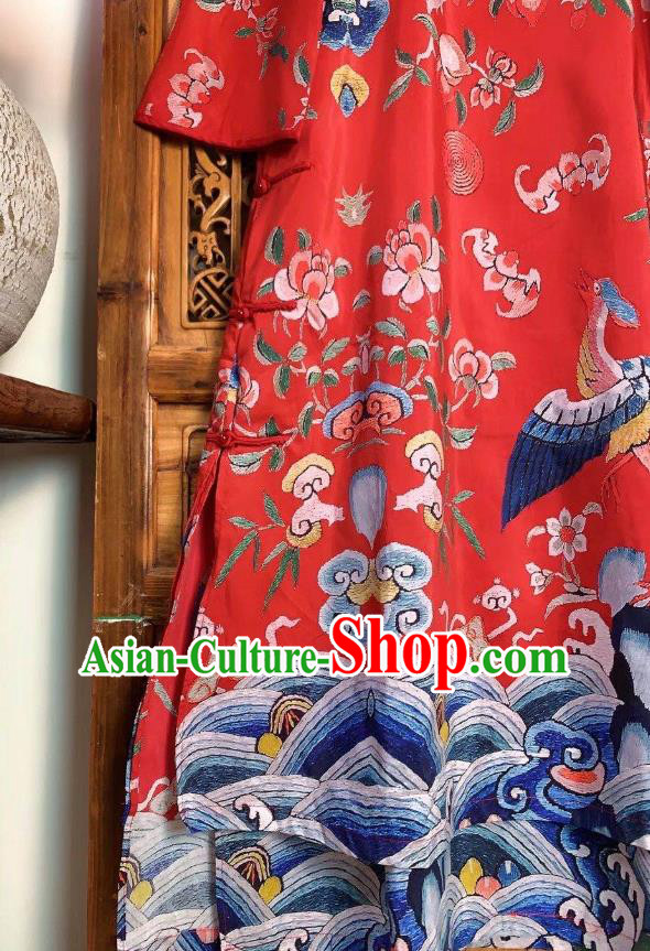 Chinese Traditional Printing Red Silk Cheongsam Clothing National Qipao Dress