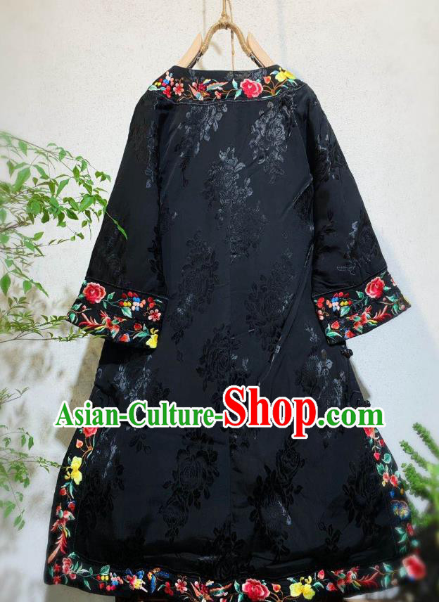 Chinese National Qipao Dress Traditional Embroidered Peony Black Silk Cheongsam Clothing
