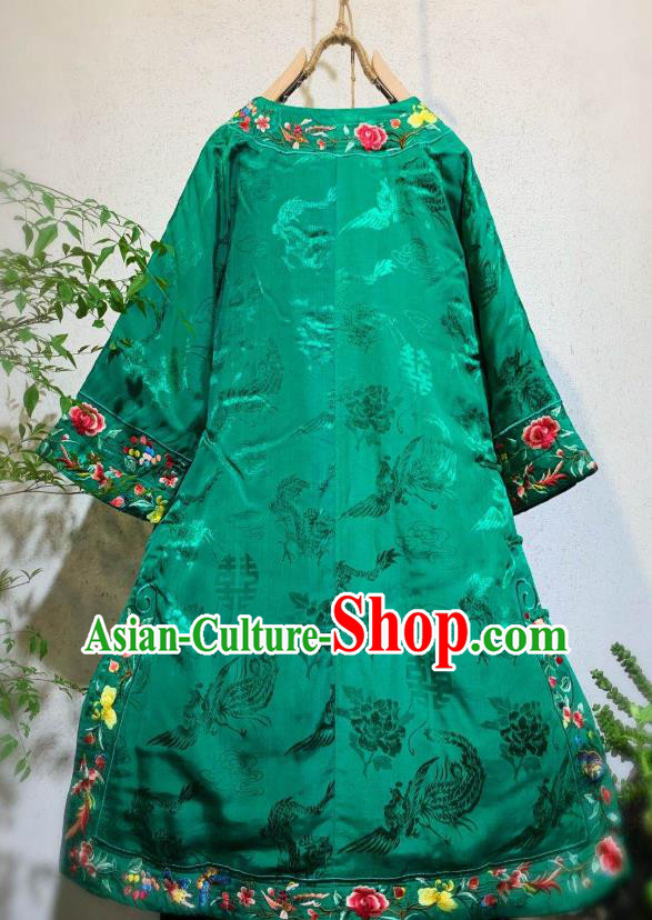 Chinese National Wedding Qipao Dress Traditional Embroidered Peony Green Silk Cheongsam Clothing