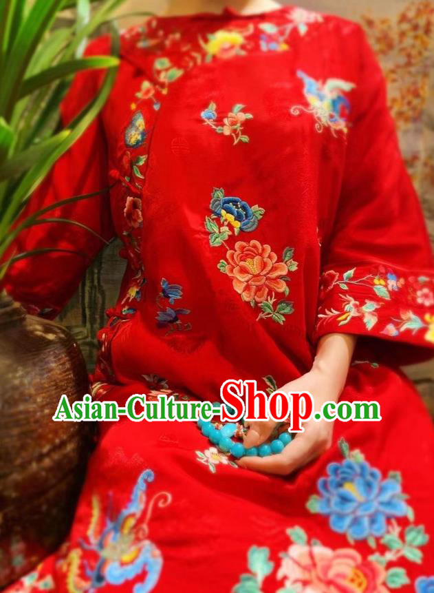 Chinese Traditional Embroidered Peony Red Silk Cheongsam Clothing National Wedding Qipao Dress
