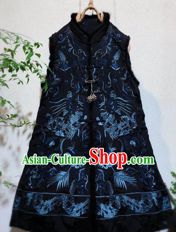 China Embroidered Black Silk Vest Tang Suit Waistcoat National Winter Clothing