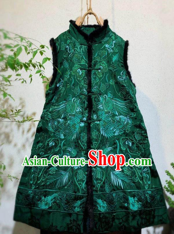 China National Winter Clothing Embroidered Green Silk Vest Tang Suit Waistcoat