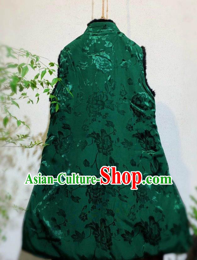 China National Winter Clothing Embroidered Green Silk Vest Tang Suit Waistcoat