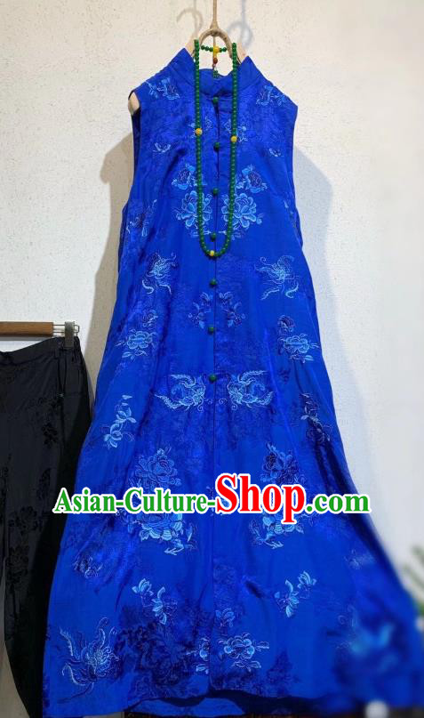 Chinese Traditional Mandarin Long Cheongsam National Clothing Royalblue Silk Qipao Dress