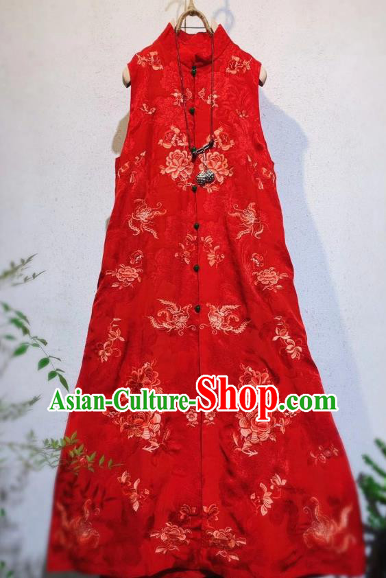 Chinese National Clothing Red Silk Qipao Dress Traditional Long Mandarin Cheongsam