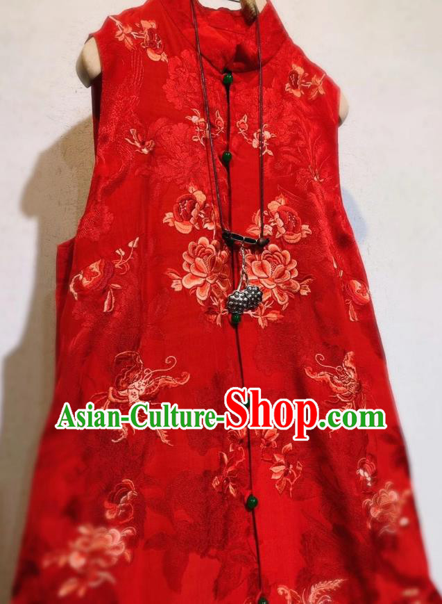 Chinese National Clothing Red Silk Qipao Dress Traditional Long Mandarin Cheongsam