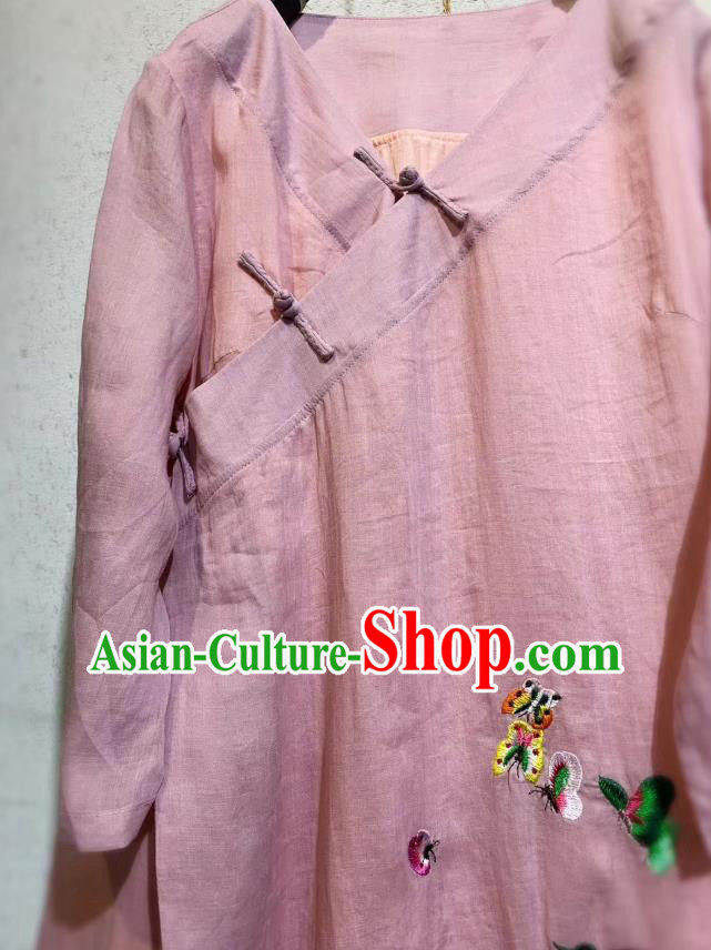 Chinese National Pink Flax Cheongsam Traditional Dress Clothing Embroidered Butterfly Qipao