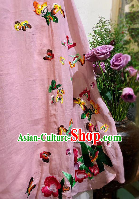 Chinese National Pink Flax Cheongsam Traditional Dress Clothing Embroidered Butterfly Qipao