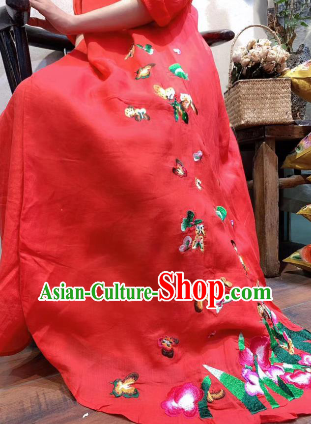 Chinese Traditional Clothing Embroidered Butterfly Long Qipao Dress National Red Flax Cheongsam
