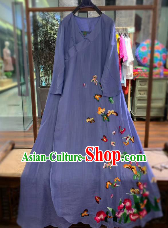 Chinese Embroidered Butterfly Long Qipao Dress National Violet Flax Cheongsam Traditional Clothing