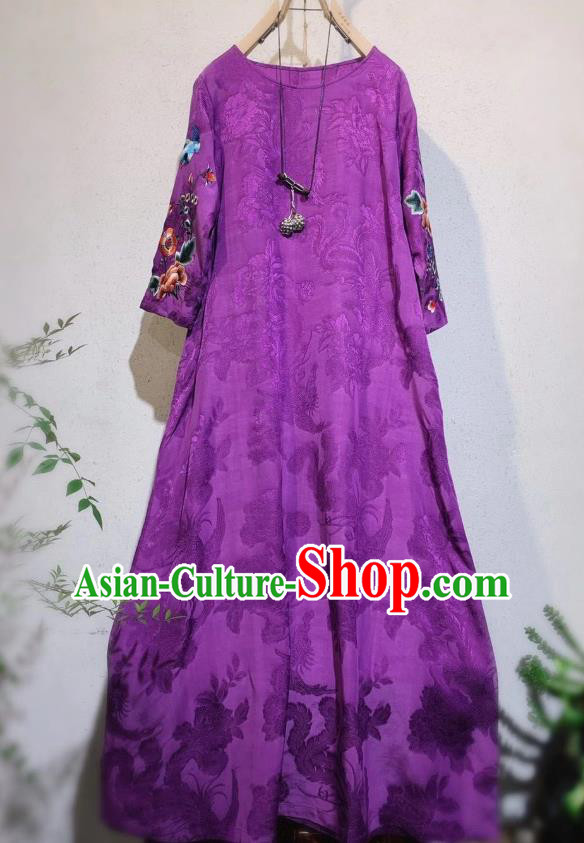 China Traditional Purple Silk Dust Coat Tang Suit Outer Garment Clothing National Embroidered Coat