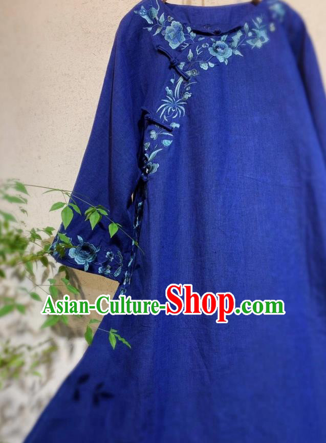 Chinese National Woman Clothing Embroidered Deep Blue Flax Qipao Dress Traditional Long Cheongsam