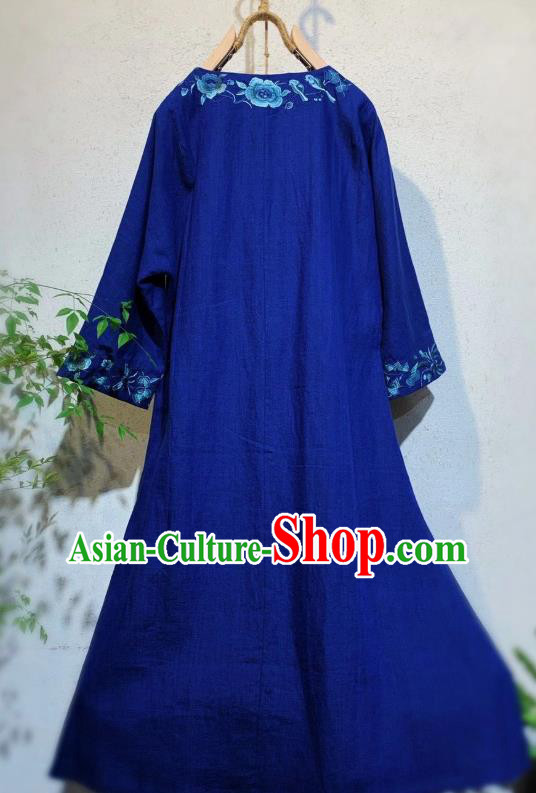 Chinese National Woman Clothing Embroidered Deep Blue Flax Qipao Dress Traditional Long Cheongsam