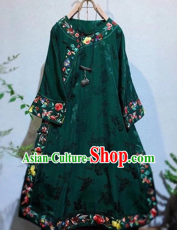 Chinese Traditional Deep Green Silk Cheongsam National Embroidered Clothing Mandarin Qipao Dress