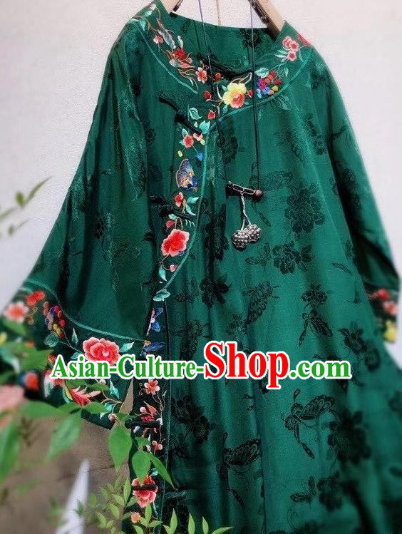 Chinese Traditional Deep Green Silk Cheongsam National Embroidered Clothing Mandarin Qipao Dress