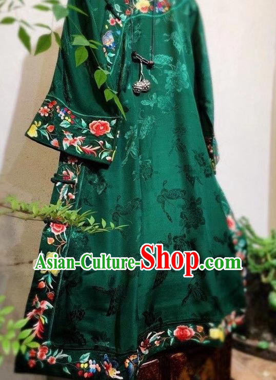 Chinese Traditional Deep Green Silk Cheongsam National Embroidered Clothing Mandarin Qipao Dress